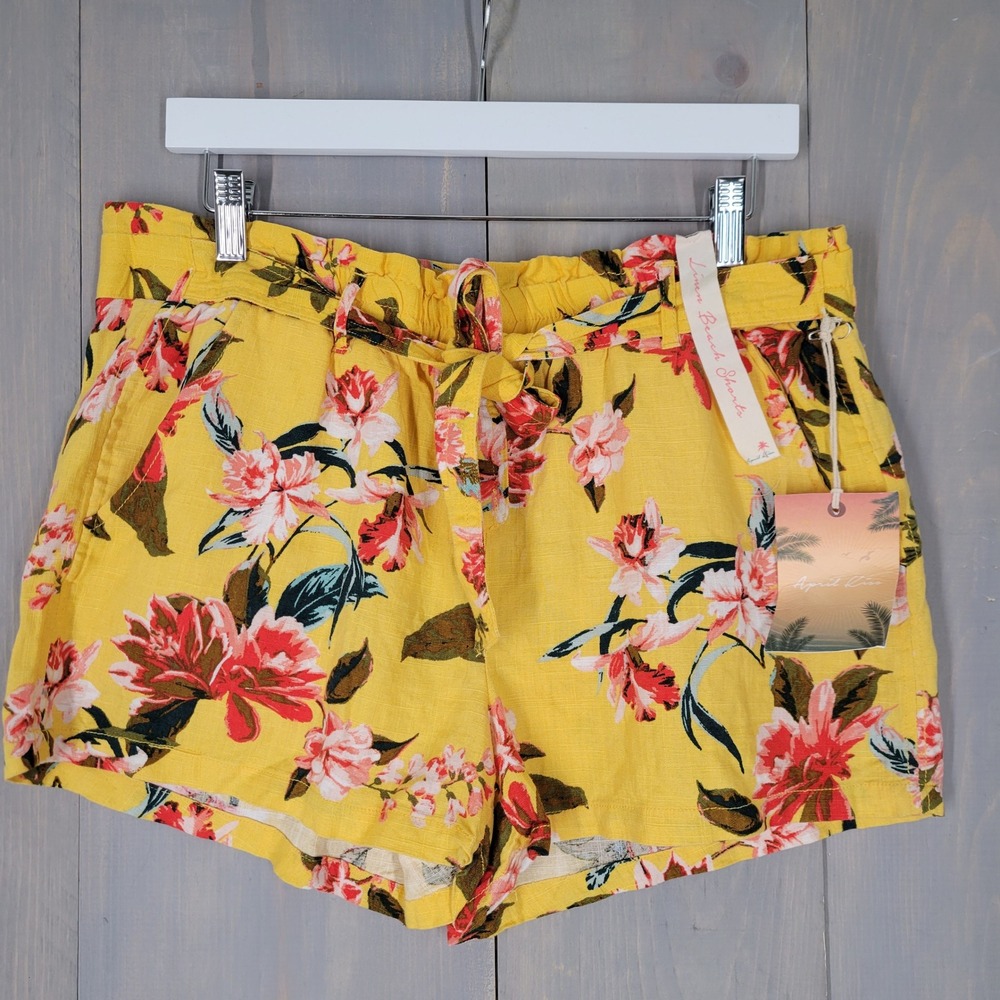 April Kiss Linen Blend Shorts Womens L Yellow Floral Paperbag Waist NWT